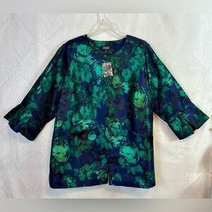 New Dennis Basso Green and Navy Satin Pleated 3/4 Sleeve Jacket / size 26W